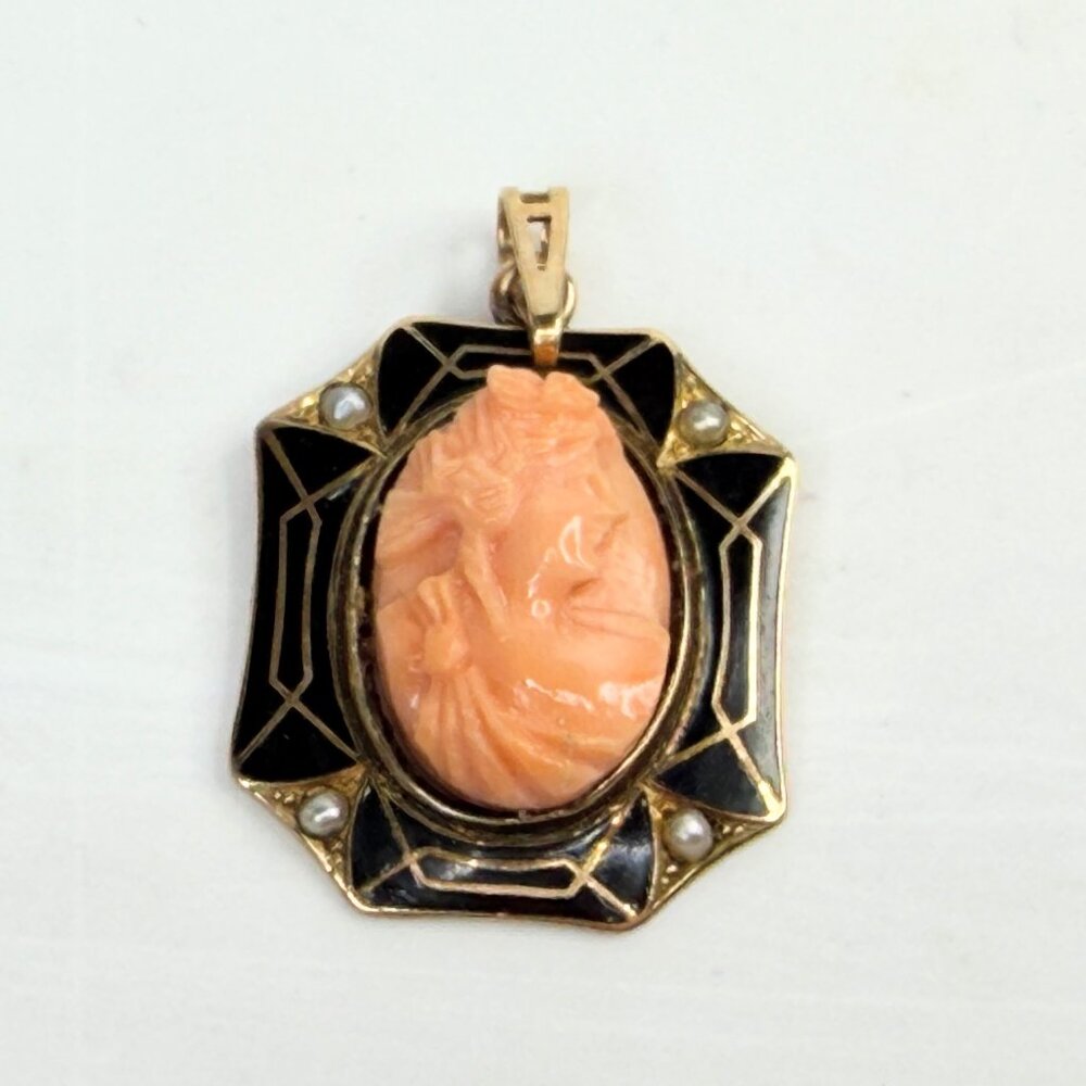 Antique 10K Gold Coral Cameo Enamel Seed Pearl Pendant JR1383